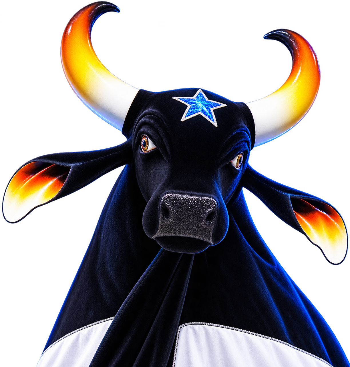 Representação artística original de um boi-bumbá negro com estrela azul e chifres em degradê amarelo